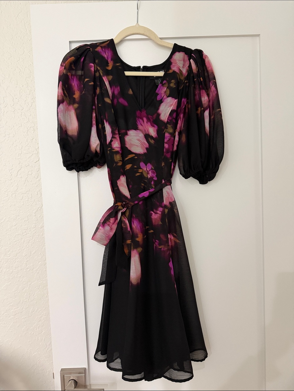 DKNY Floral Black & Purple Puff-Sleeve Wrap Dress